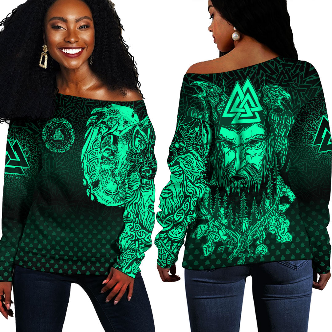 Viking Clothing Viking Odin Raven Tattoo Style Green Version Off Shoulder Sweater RLT12 - Wonder Print Shop