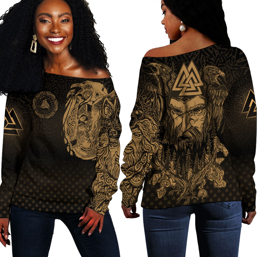 Viking Clothing Viking Odin Raven Tattoo Style Gold Version Off Shoulder Sweater RLT12 - Wonder Print Shop