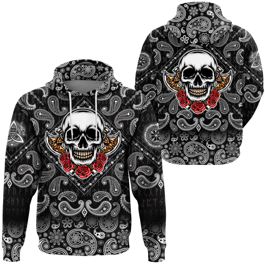 Viking Hoodie Old Skeleton Head With Axe Premium with Bandana Paisley Style RLT12 - Wonder Print Shop