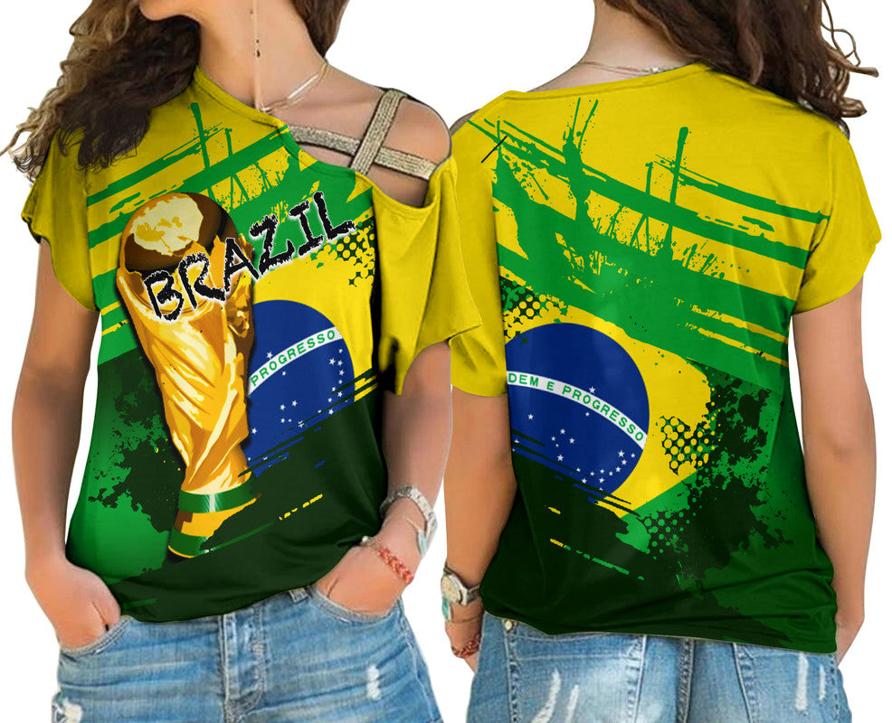 Women's cross-shoulder soccer shirt in yellow with Brazil flag graphic, short sleeves.