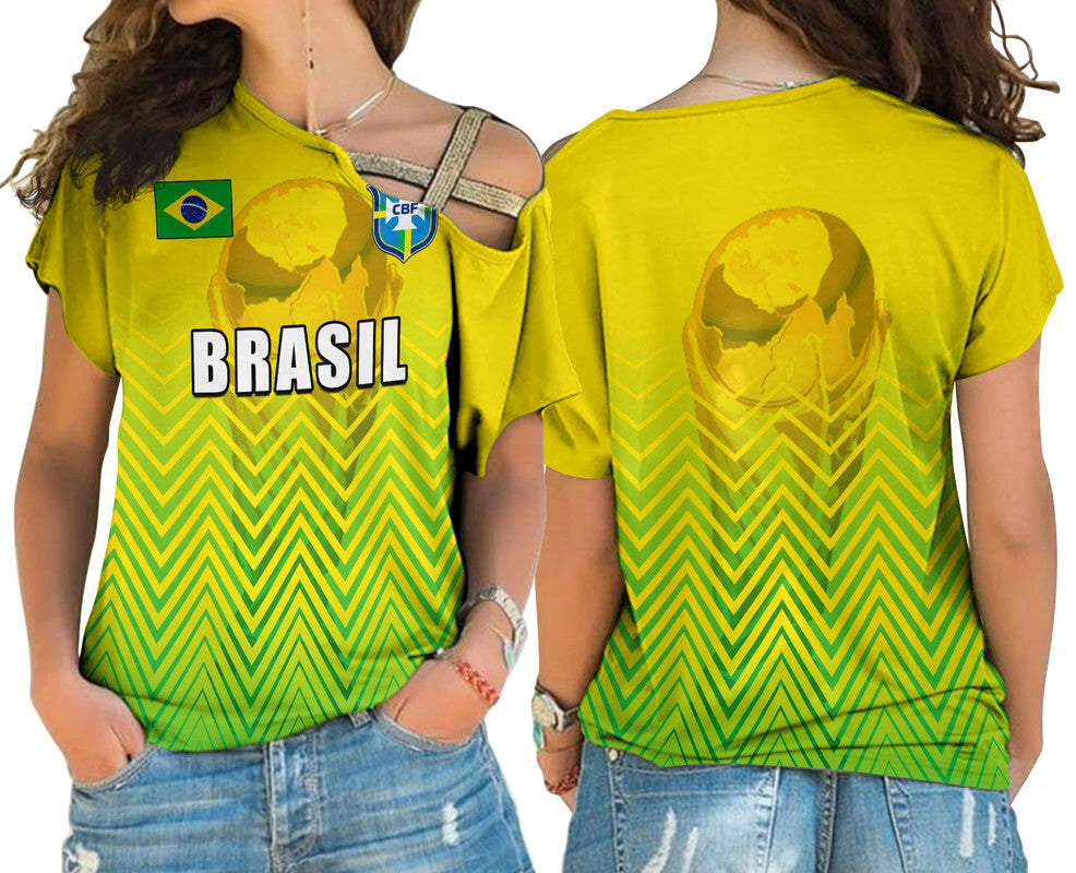Yellow Brazil world cup cross-shoulder sport shirt for women, front and back with logo print