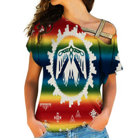 Women's cross-shoulder shirt with multicolor gradient and large white emblem graphic