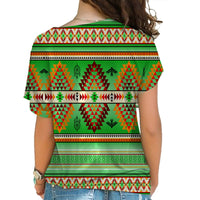 Womens cross-shoulder shirt back view, multicolor geometric and arrow pattern