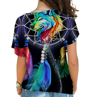 Female cross-shoulder shirt back, multicolor wolf head and dreamcatcher web on dark base