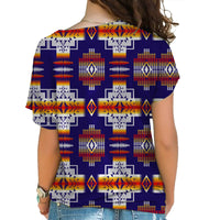 Women’s cross-shoulder shirt back, dark blue multicolor geometric pattern, short sleeves