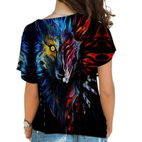 Multicolor cross-shoulder graphic shirt with lion face and feather pattern on dark base