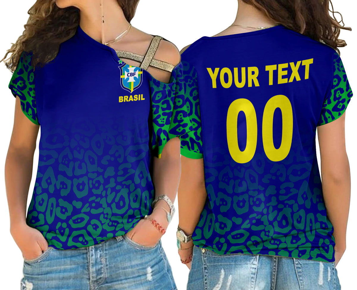 Women's blue cross-shoulder soccer shirt; Brasil logo front, back shows '00'.