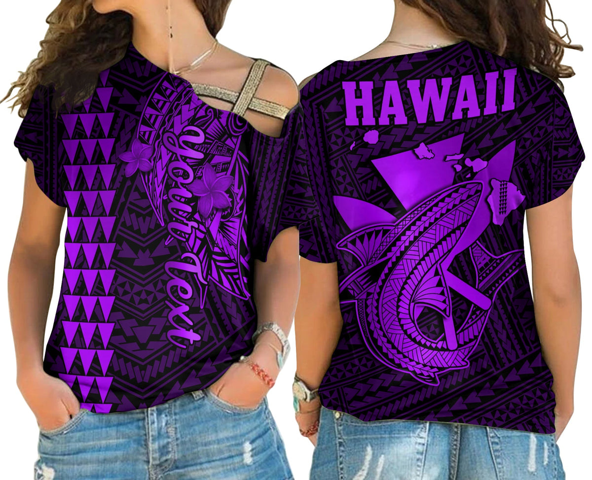 Purple cross-shoulder T-shirt: HAWAII text, tribal shark design, women