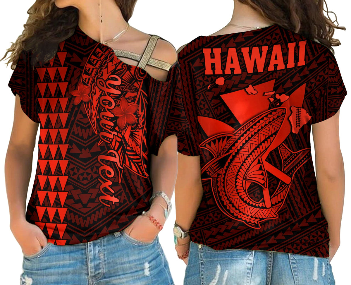 Red cross-shoulder shirt, 'HAWAII' back print with tribal design