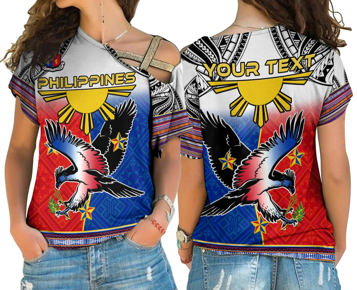 White cold-shoulder T-shirt with colorful eagle and tribal pattern, front and back