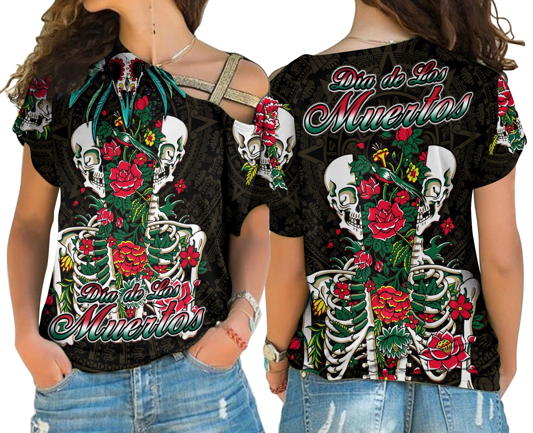 mexico-cross-shoulder-shirt-floral-skull-dia-de-los-muertos