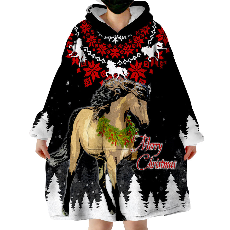 Wearable hoodie blanket with Nordic print, black/red, brown horse graphic, Merry Christmas