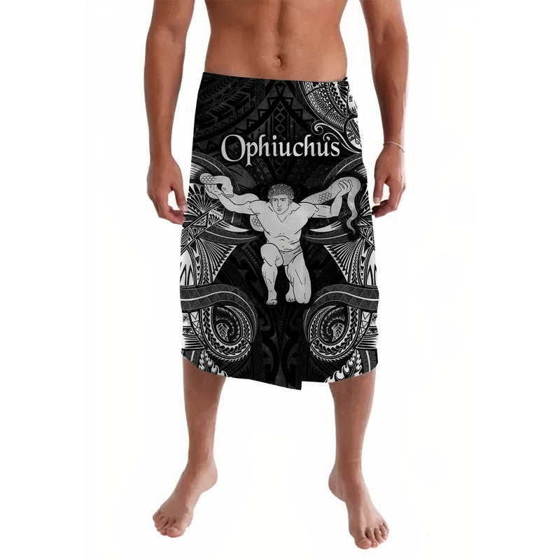 Black Ophiuchus zodiac lavalava with Polynesian tribal print, pull-on wrap skirt