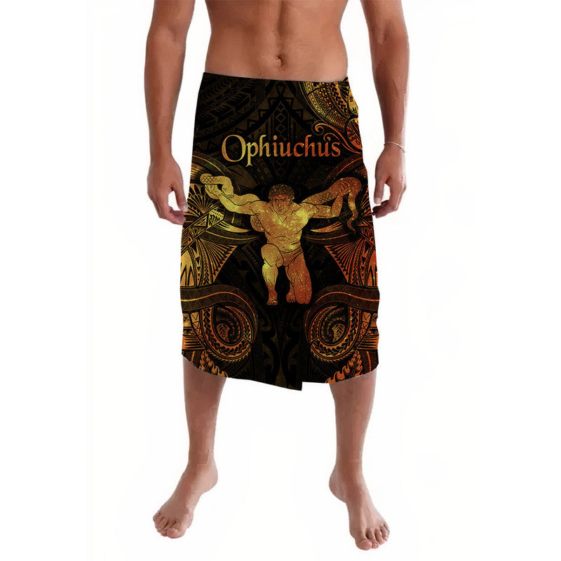 Ophiuchus zodiac lavalava wrap skirt, black with gold ornate figure print