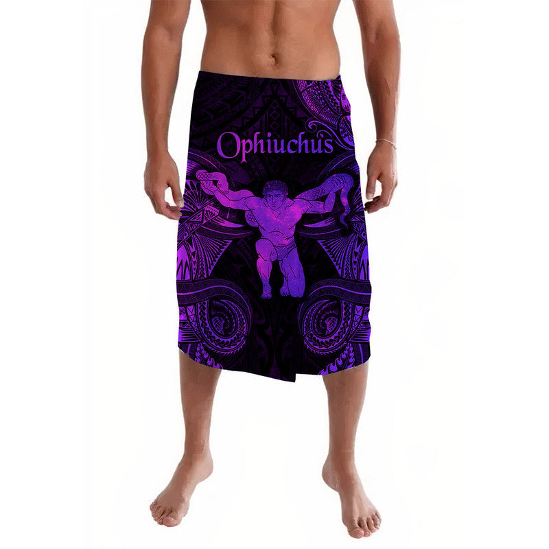 Purple Ophiuchus lavalava wrap skirt with black base and purple mythic figure print