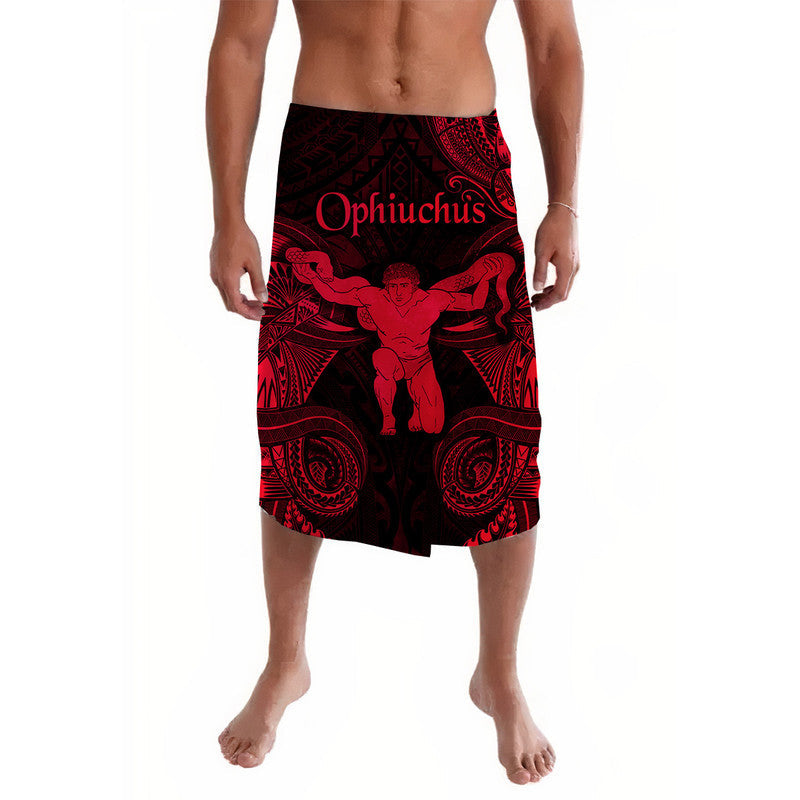 Red and black Ophiuchus Polynesian lavalava with centered zodiac figure graphic