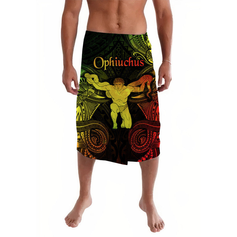 Zodiac lavalava skirt, black with Ophiuchus figure and green-yellow-red tribal patterns