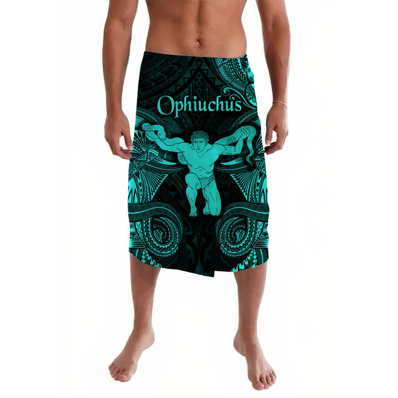 Turquoise and dark lavalava sarong with tribal pattern and central zodiac figure