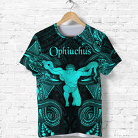 Turquoise and black Ophiuchus zodiac T-shirt with teal Polynesian-style figure graphic