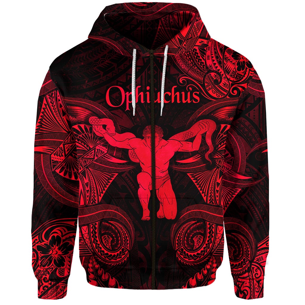 Custom Ophiuchus Zodiac Polynesian Zip Hoodie Unique Style Red LT8 - Wonder Print Shop