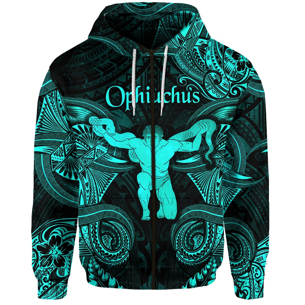 Custom Ophiuchus Zodiac Polynesian Zip Hoodie Unique Style Turquoise LT8 - Wonder Print Shop