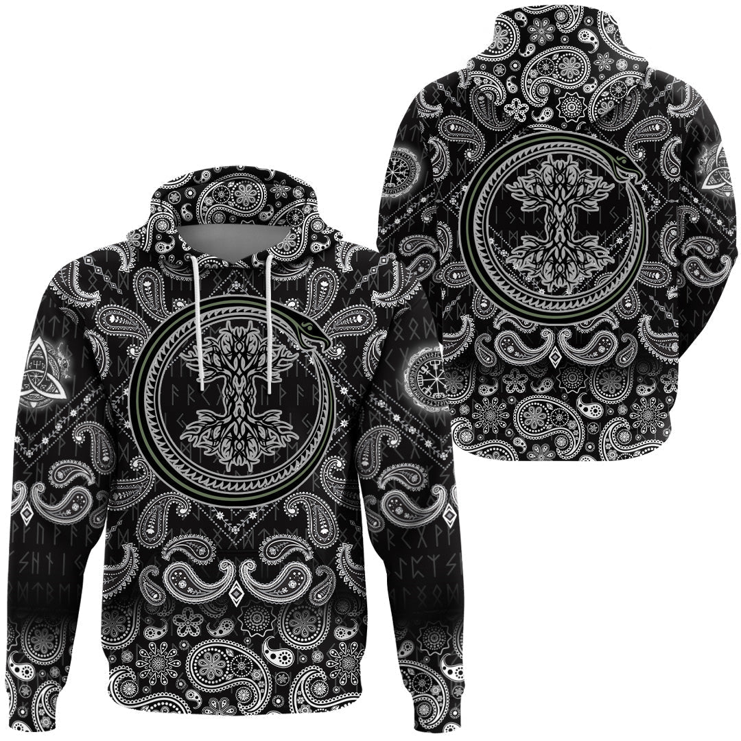 Viking Hoodie Ouroboros Serpent Curled Up Around Yggdrasil with Bandana Paisley Style RLT12 - Wonder Print Shop