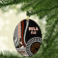 Oval ceramic Christmas ornament, black with “BULA FIJI” text and Polynesian pattern