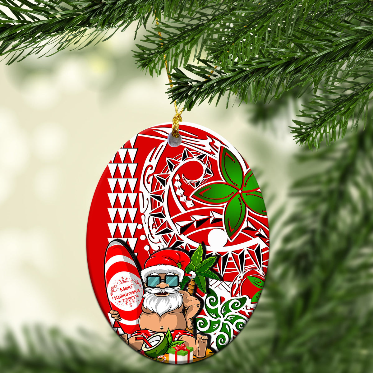 Oval ceramic ornament with red-and-green Santa beach design, hanging on gold string