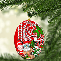 Mele Kalikimaka Santa oval ceramic ornament with red, white, and green artwork
