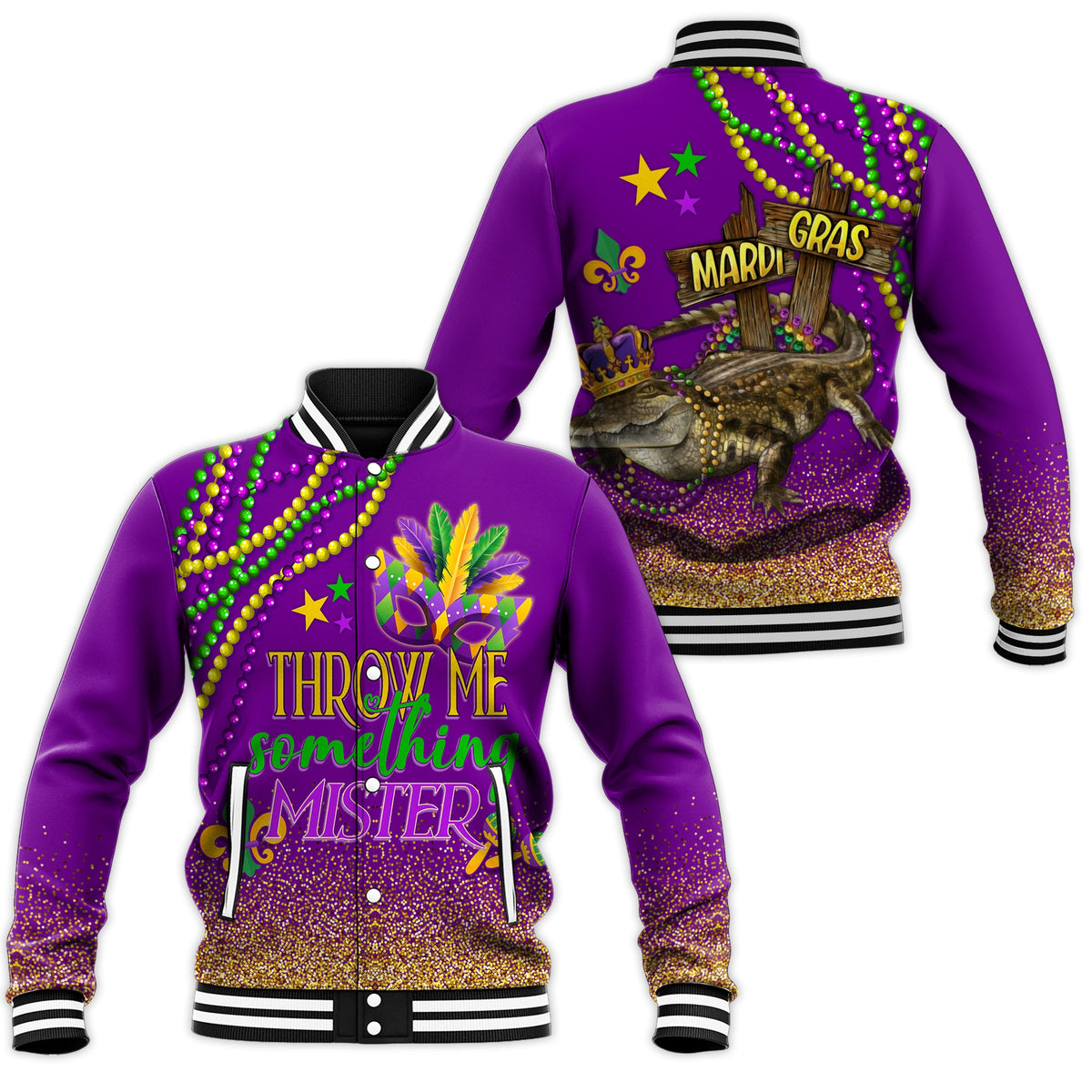 Purple baseball jacket with Mardi Gras graphics, beads trim, ribbed collar and cuffs