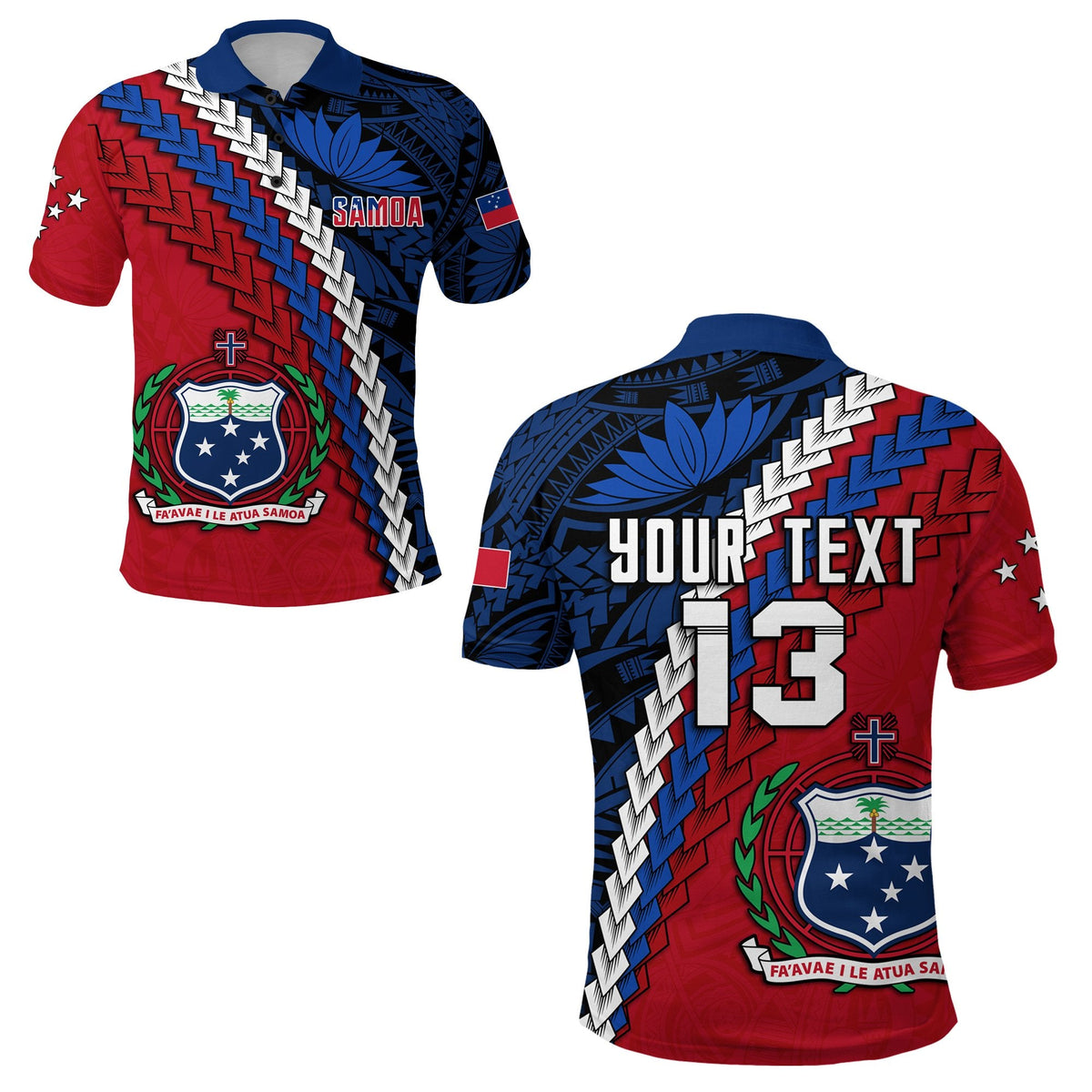 Rot-blaues Samoa-Poloshirt mit Zickzackmuster, Samoa-Logo und Kranzdruck