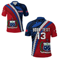 Rot-blaues Samoa-Poloshirt mit Zickzackmuster, Samoa-Logo und Kranzdruck