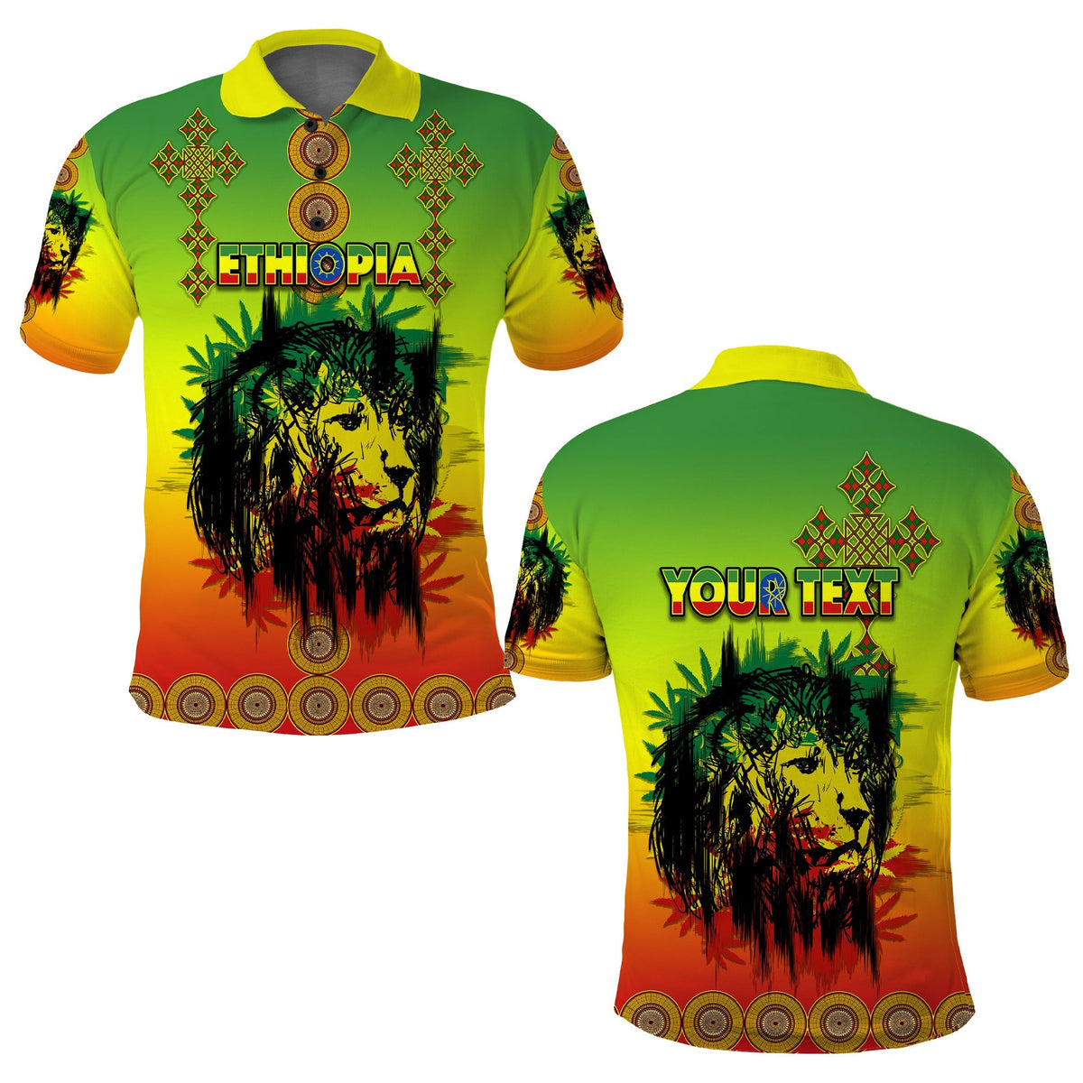 Custom polo, Reggae lion graphic, ETHIOPIA text, front view