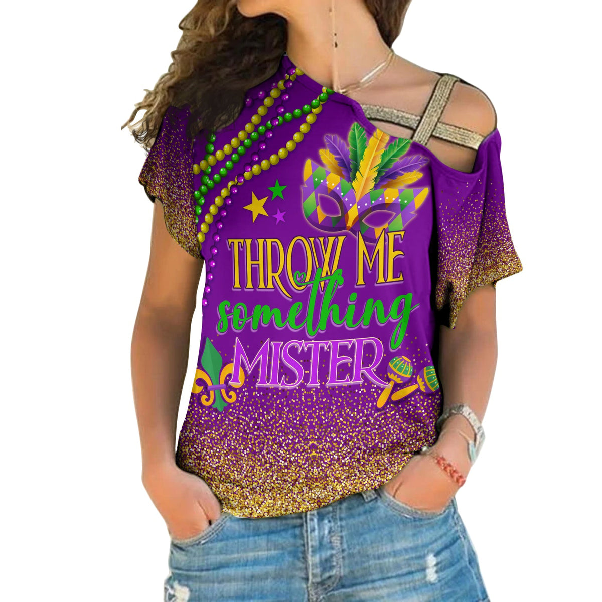 Purple cold-shoulder Mardi Gras T-shirt with glittery front graphic and text