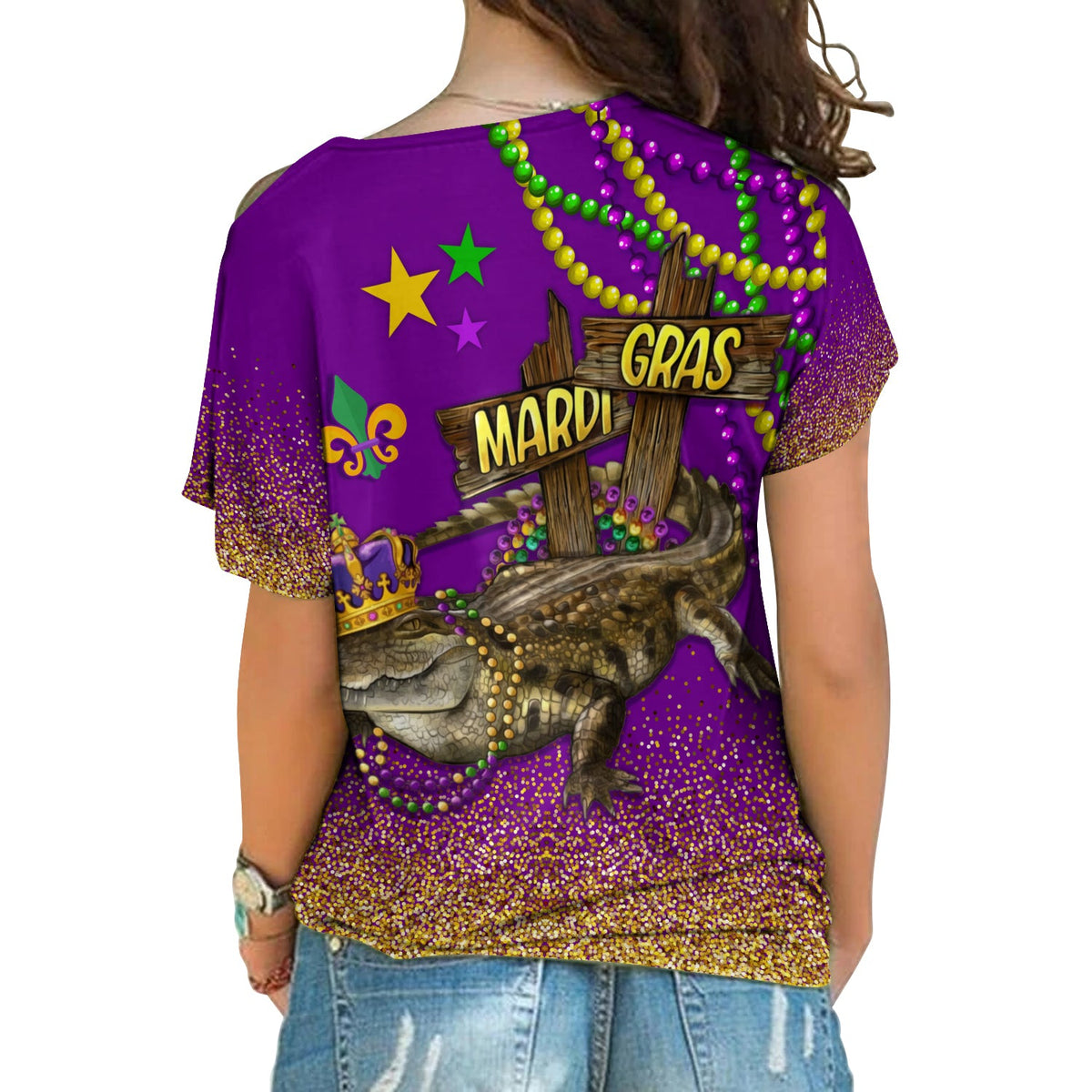 Purple cold-shoulder Mardi Gras T-shirt with back graphic and glitter trim
