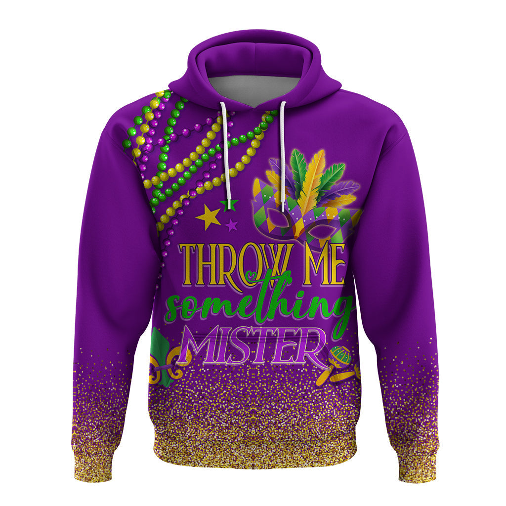 Purple pullover hoodie with Mardi Gras graphic, beaded text print and star accents