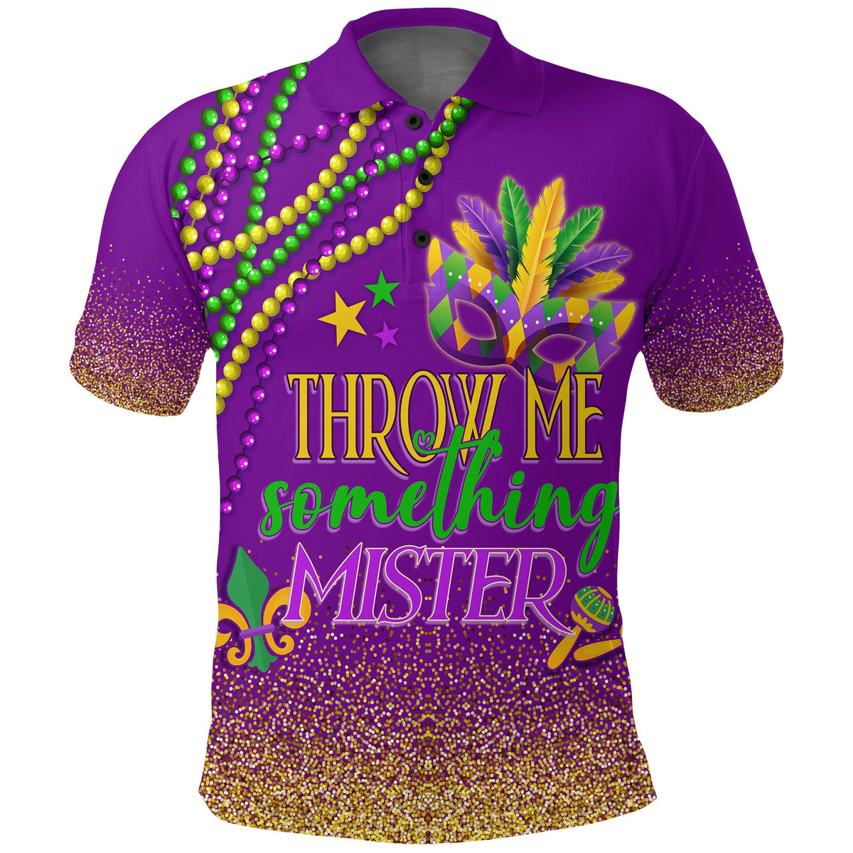 Purple polo shirt with Mardi Gras print, colorful bead strands, glitter sleeve detail