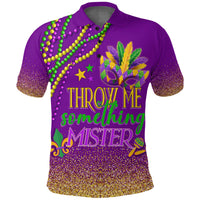 Purple polo shirt with Mardi Gras print, colorful bead strands, glitter sleeve detail