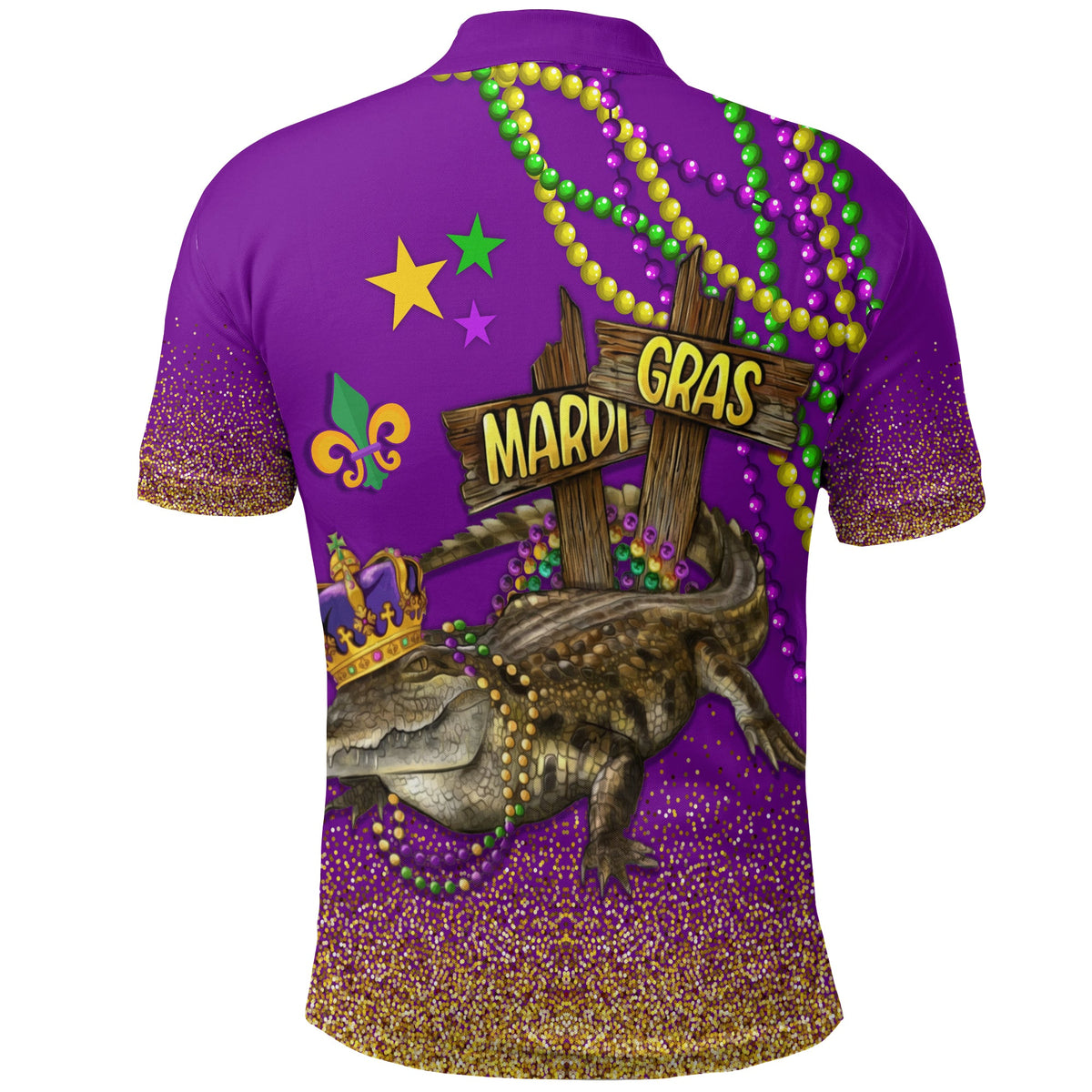Purple polo shirt with back Mardi Gras graphic, wooden sign, turtle, bead garland, glitter