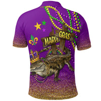 Purple polo shirt with back Mardi Gras graphic, wooden sign, turtle, bead garland, glitter