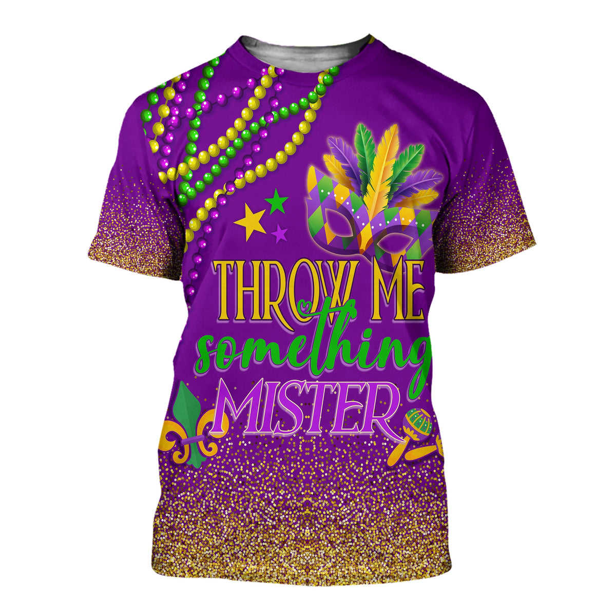 Purple Mardi Gras T-shirt, 'Throw Me Something Mister' front graphic