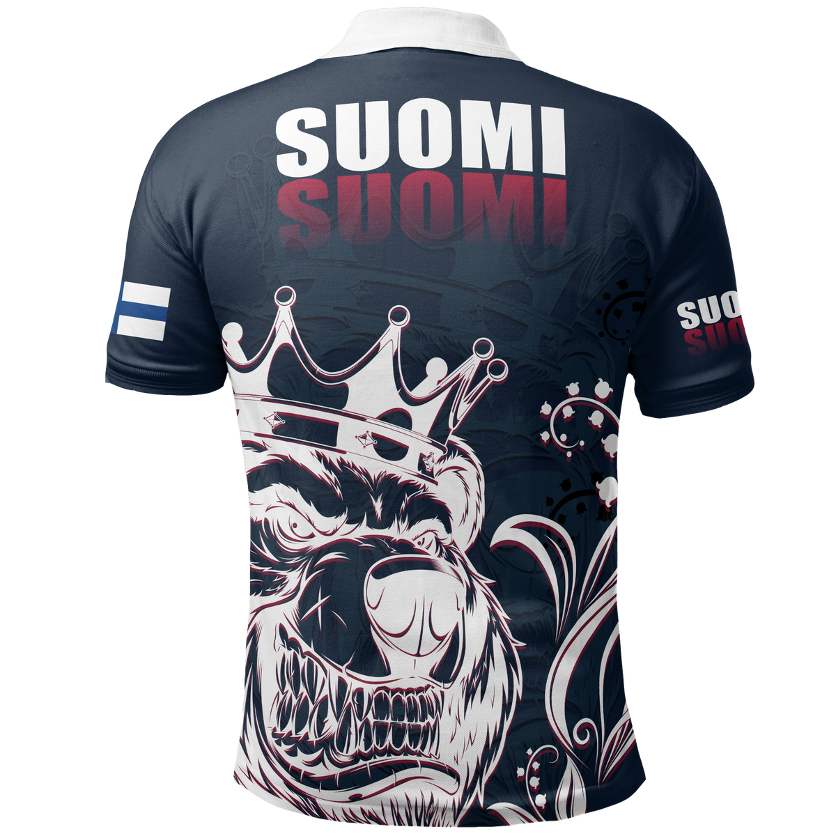 Navy polo shirt with SUOMI text back and crowned bear graphic