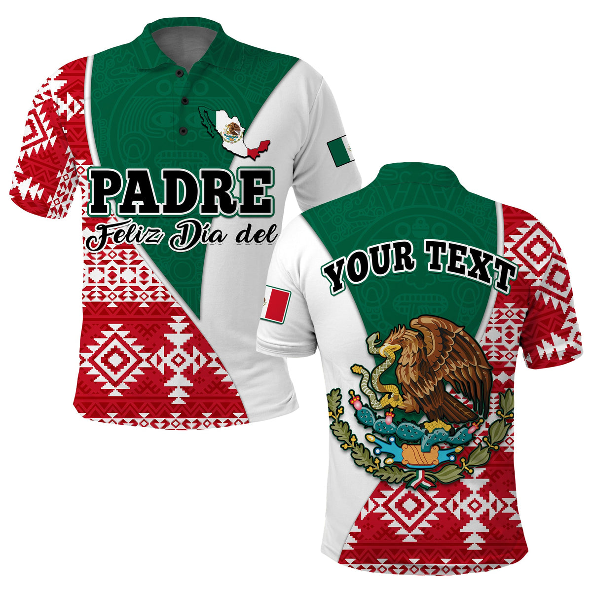 Custom polo: PADRE Feliz Día del, red/white/green Aztec pattern