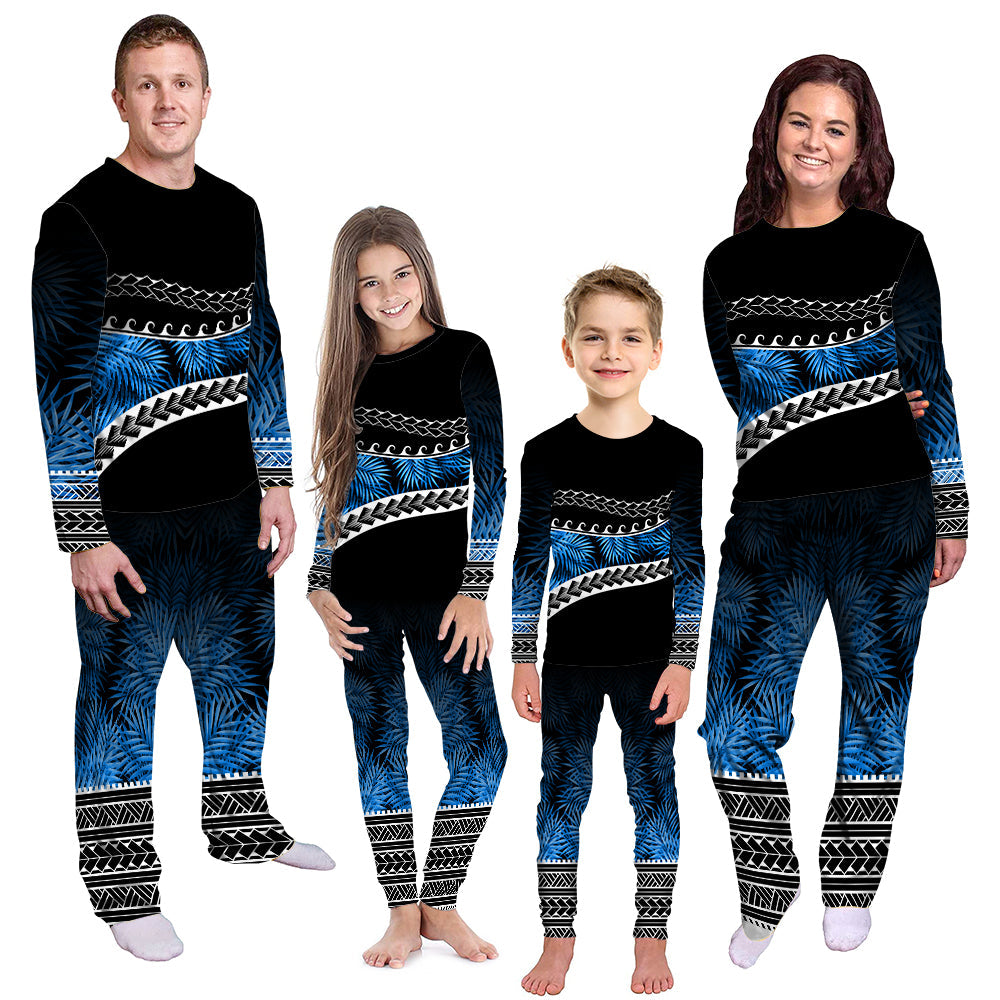 Palm print pajama set with black top and blue tropical pattern pants