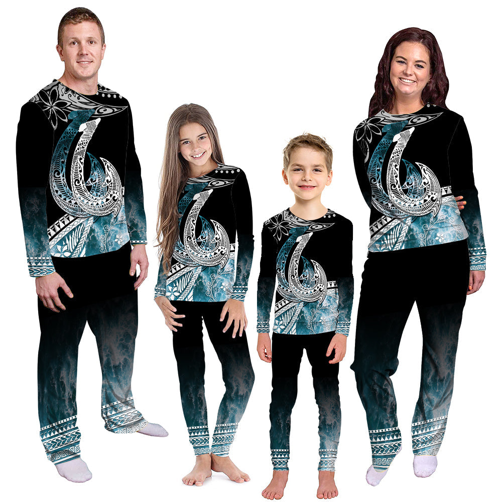 Ocean-wave fish hook pajama set, black long-sleeve top and blue patterned pants
