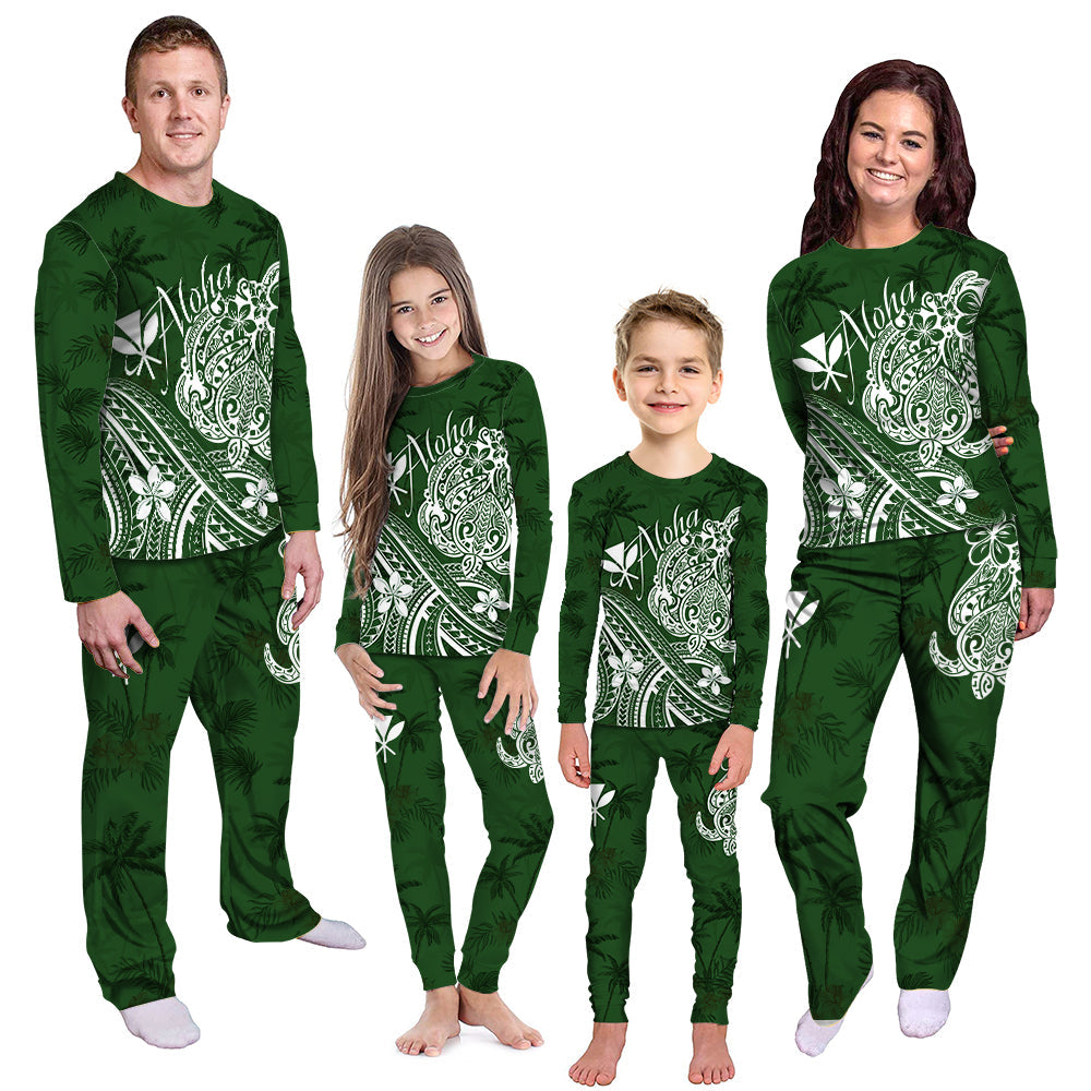 Green aloha pajama set with palm tree print, long-sleeve top and pants