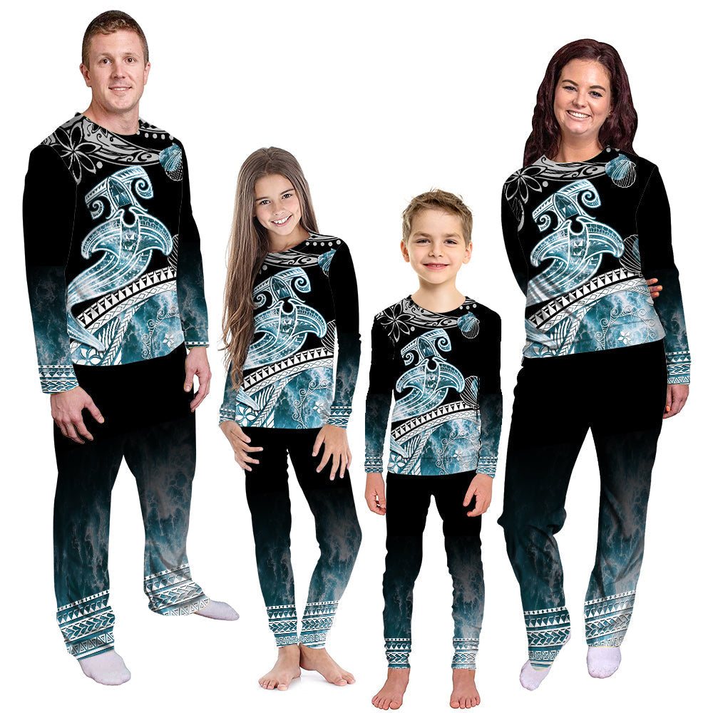 Long-sleeve pajama set with black and teal ocean wave and hammerhead shark print