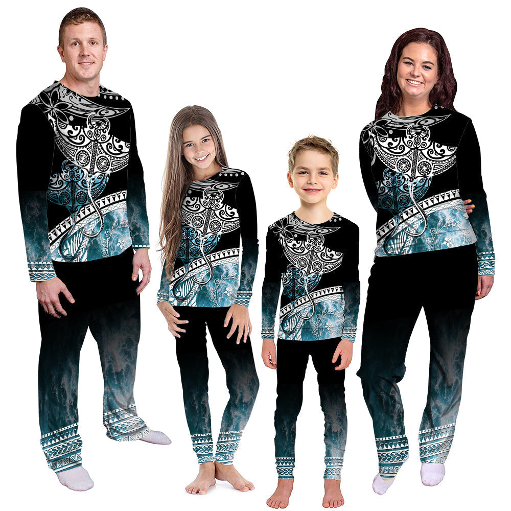 Ocean wave print pajama set: black long-sleeve top and matching teal pants, full length