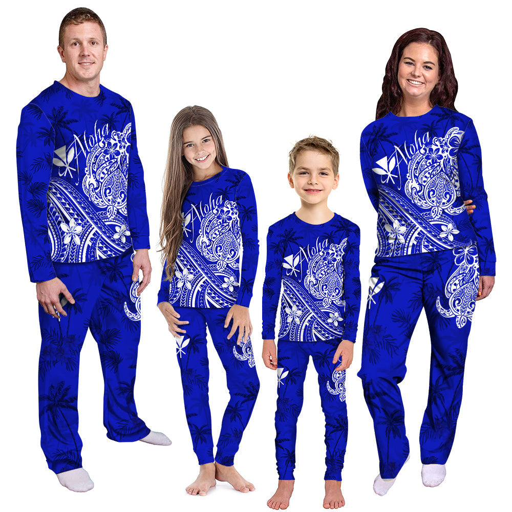 Navy palm tree aloha pajama set with long-sleeve tops and matching pants, blue print