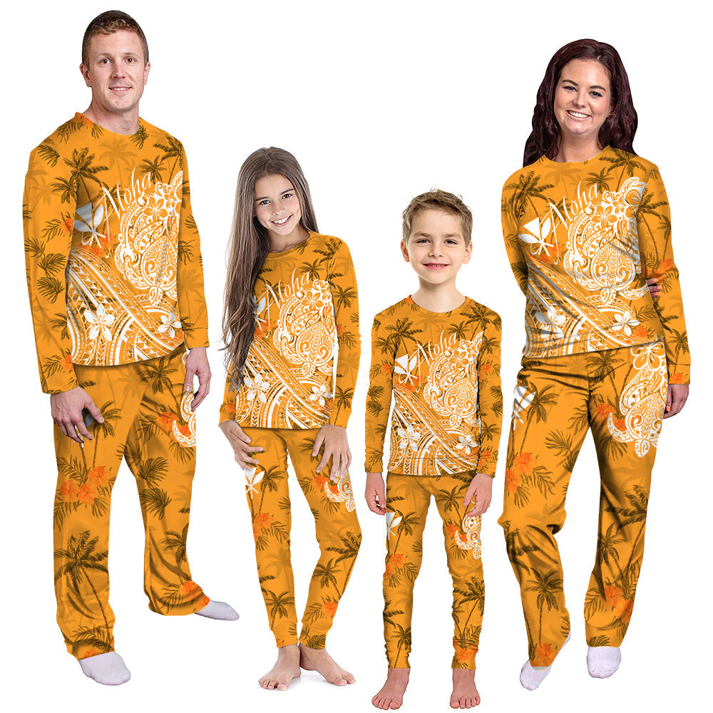 Orange aloha pajama set with palm tree print, long-sleeve top and matching pants